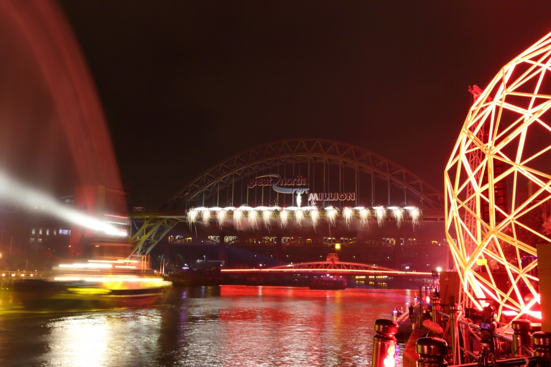 Silver fountain fireworks from the Tyne Bridge in Newcastle City Centre