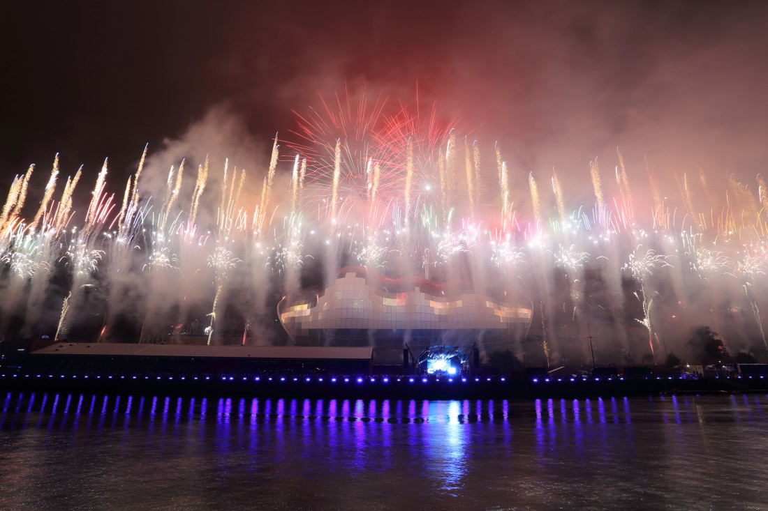 Multi coloured fireworks along the River Tyne in Newcastle City Centre