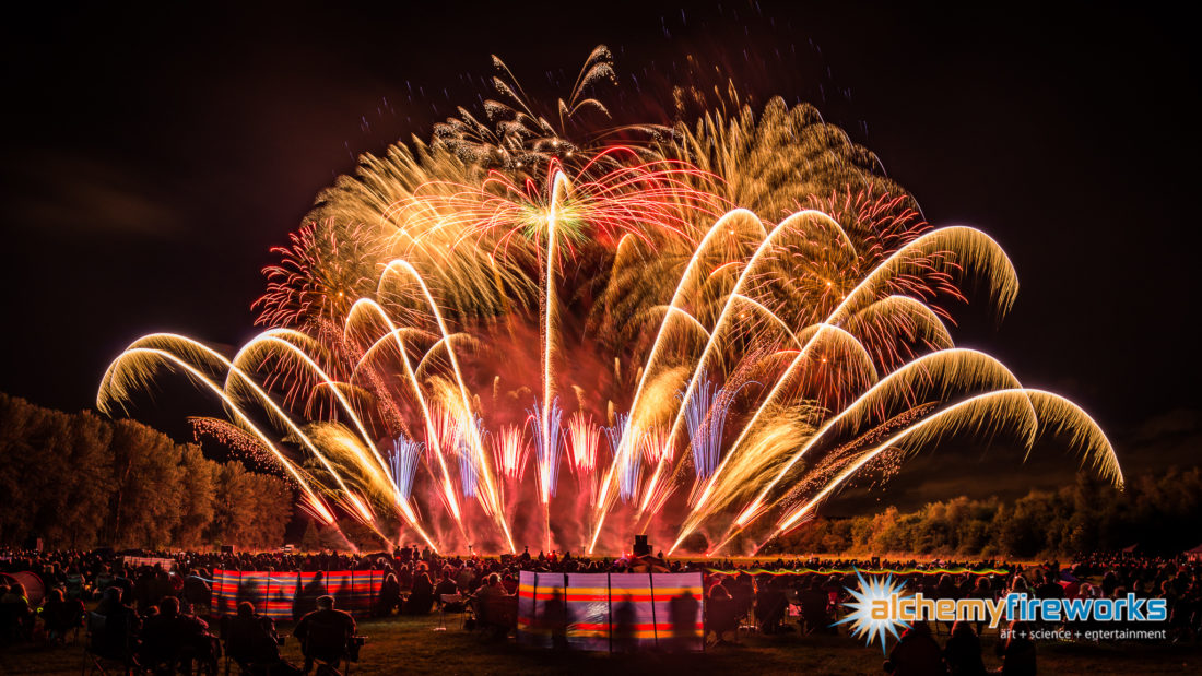 big fanned array of Roman candle fireworks at catton hall for the festival of fireworks