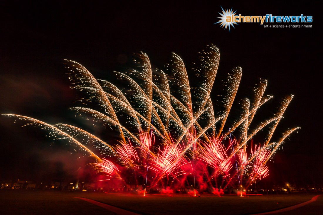 Silver & red fireworks in the sky at Haverhill Recreation Ground