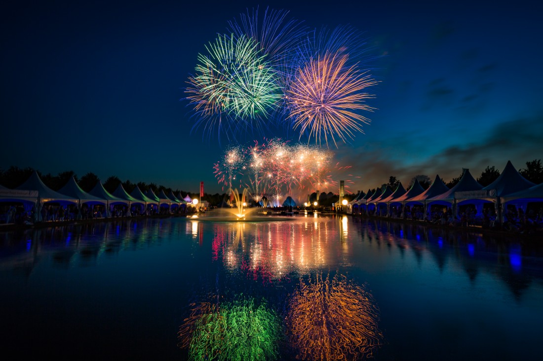 Fireworks reflected in the Long Water at Hampton Court Palace