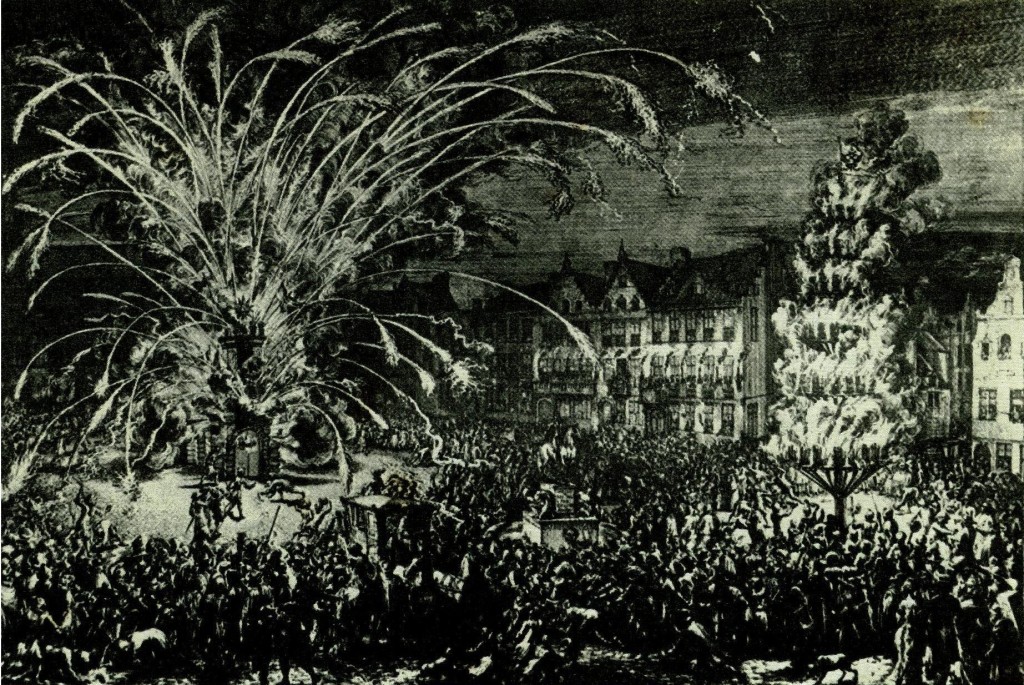 Historical black and white picture of a fireworks display
