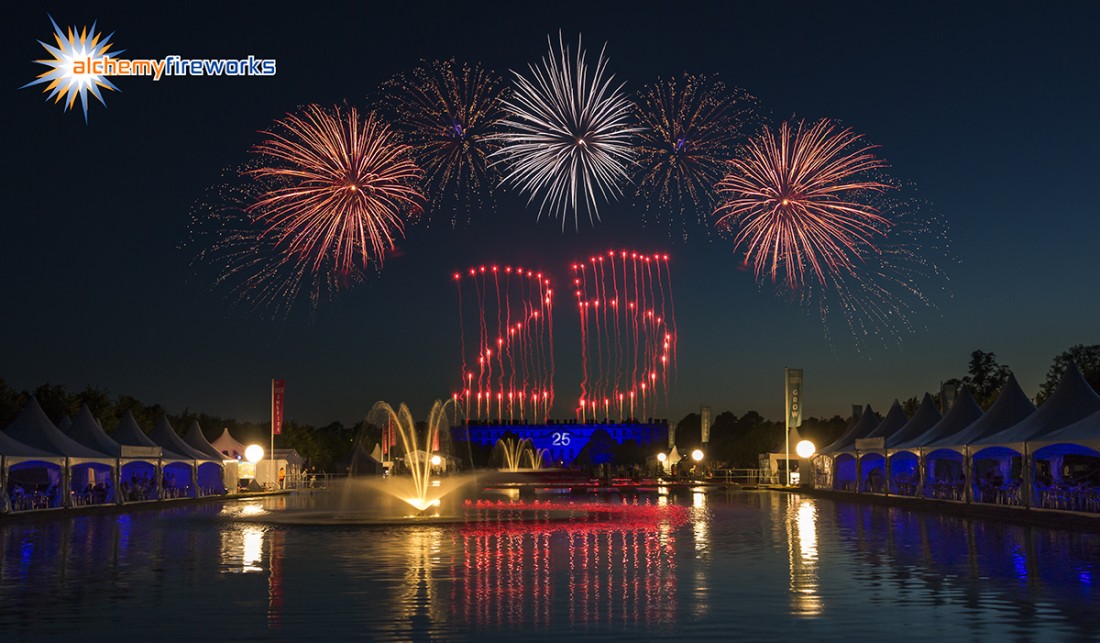 Fireworks spelling out '25' above Hampton Court Palace for the 25th Anniversary of the RHS Hampton Court Flower Show