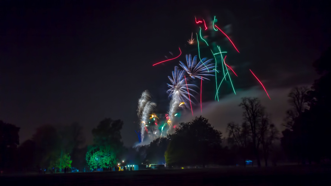 Unusual Fireworks bursting over Christchurch Park in Ipswich as part of a professional display