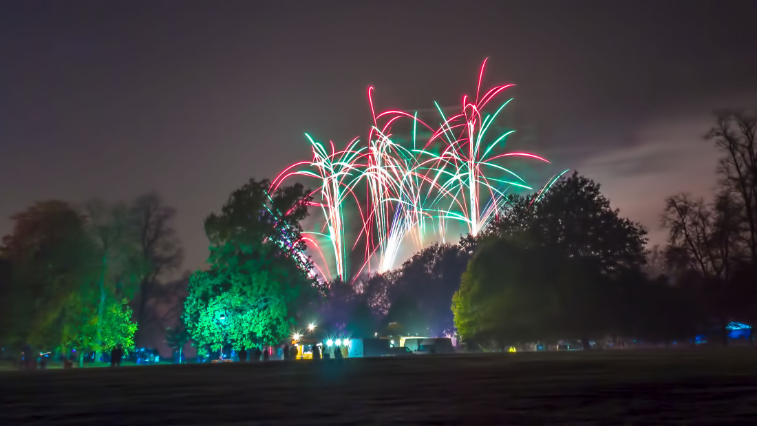 Multi coloured fireworks above the trees at Christchurch Park in Ipswich as part of a professional display