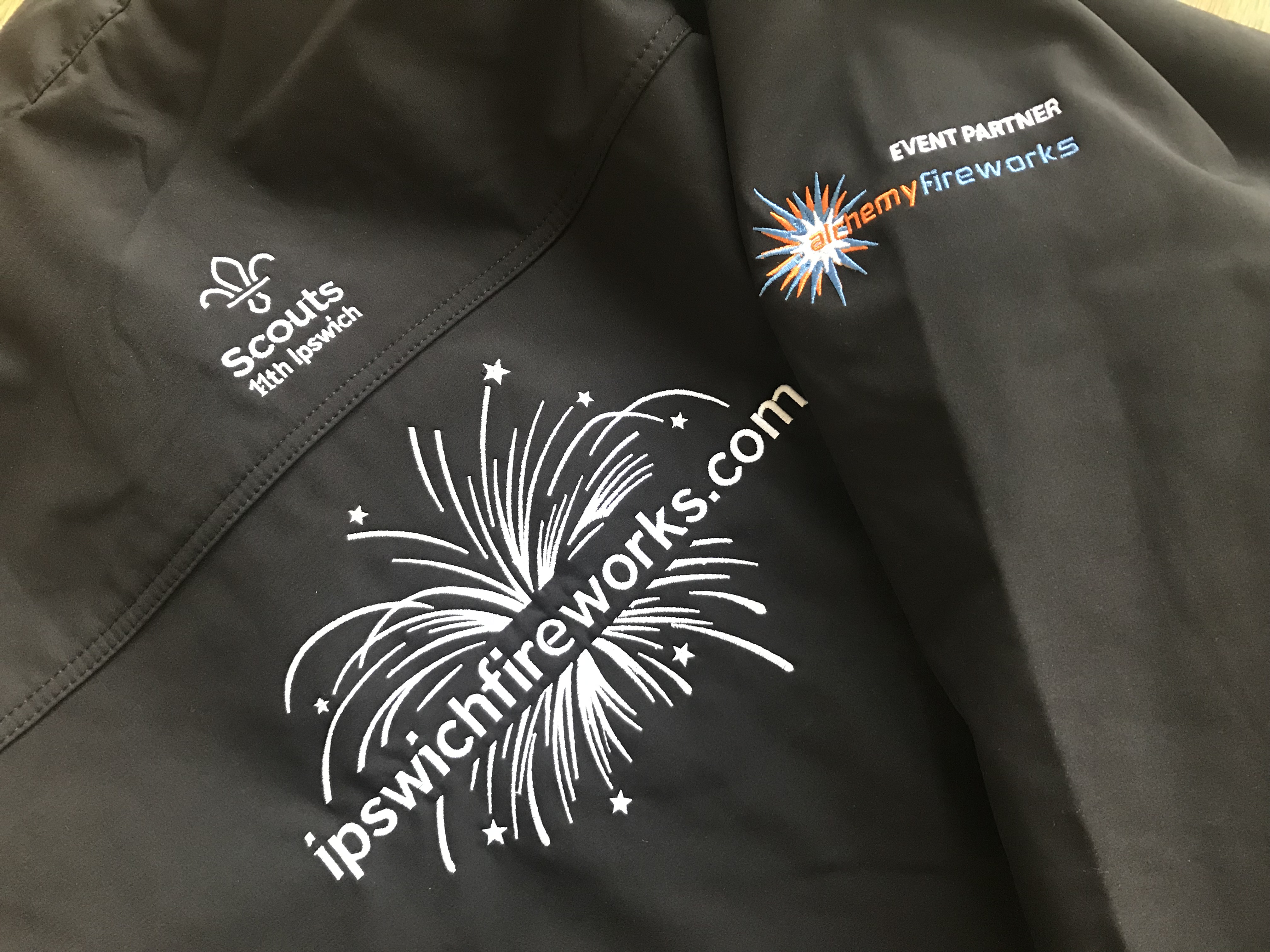 Ipswich Scouts Fireworks crew jacket with Alchemy Fireworks logo