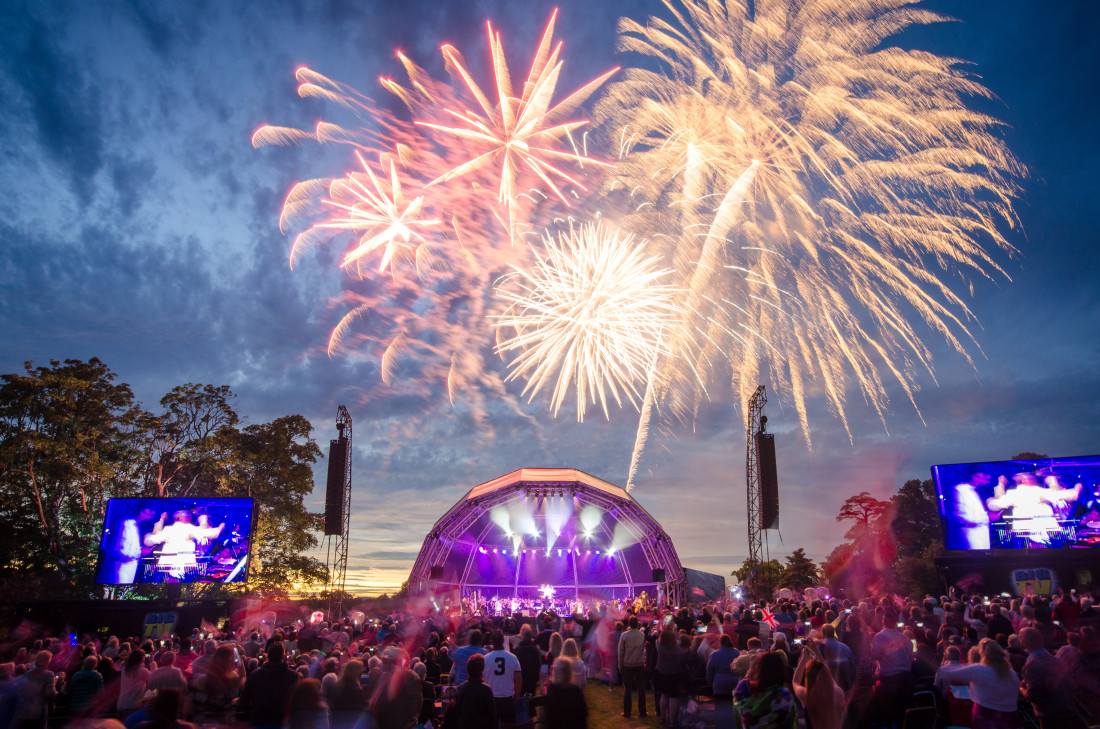 The stage, video screens and fireworks for a classical concert