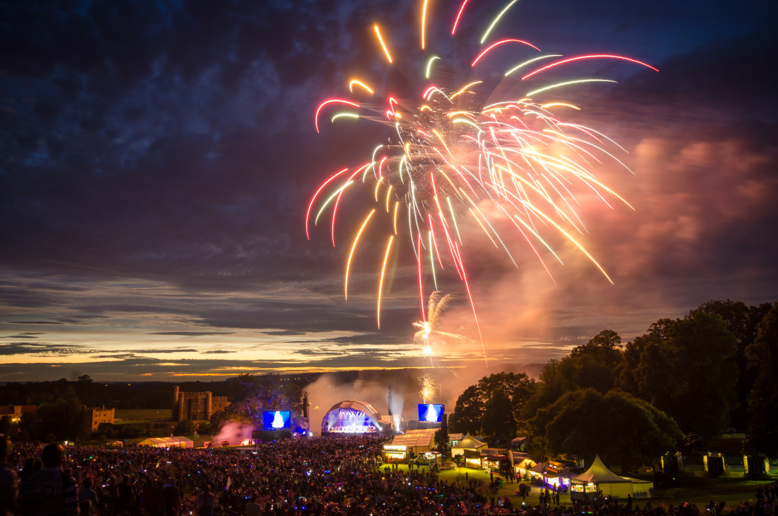 Big Fireworks display exploding over the stage at Leeds Castle concert