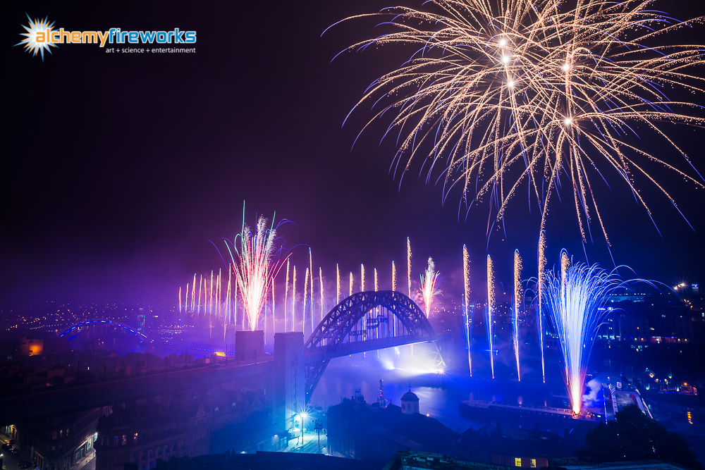 Multi coloured fireworks along the River Tyne in Newcastle City Centre