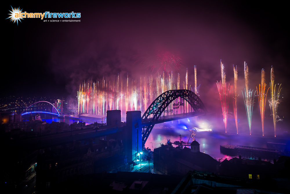 Multi coloured fireworks along the River Tyne in Newcastle City Centre