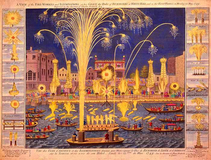 Newspaper cutting of an historical royal fireworks display on the River Thames in London
