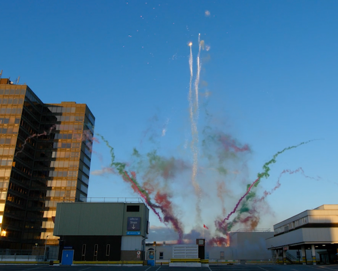 Coloured smoke trails and silver comets for a daylight fireworks display in Middlesbrough