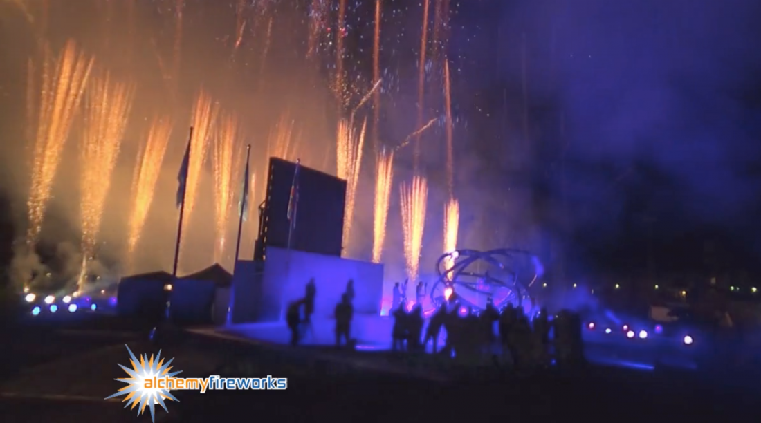 Gold fireworks erupt at the Paralympics torch lighting ceremony